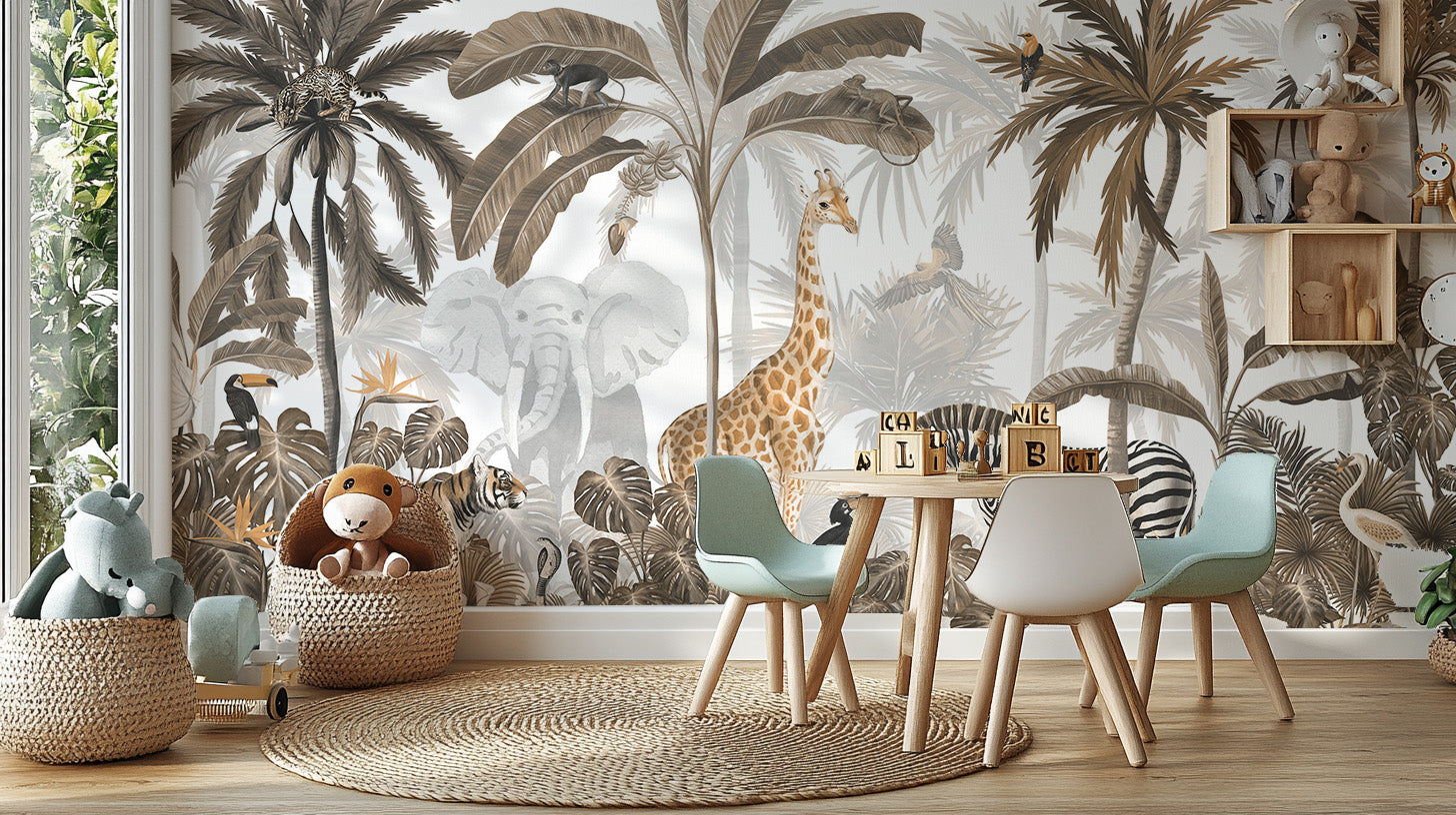 Tropical Jungle Wild Animals Trees wallpaper mural with palms and elephant behind a kids table and chairs in a nursery