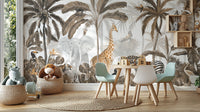 Tropical Jungle Wild Animals Trees wallpaper mural with palms and elephant behind a kids table and chairs in a nursery