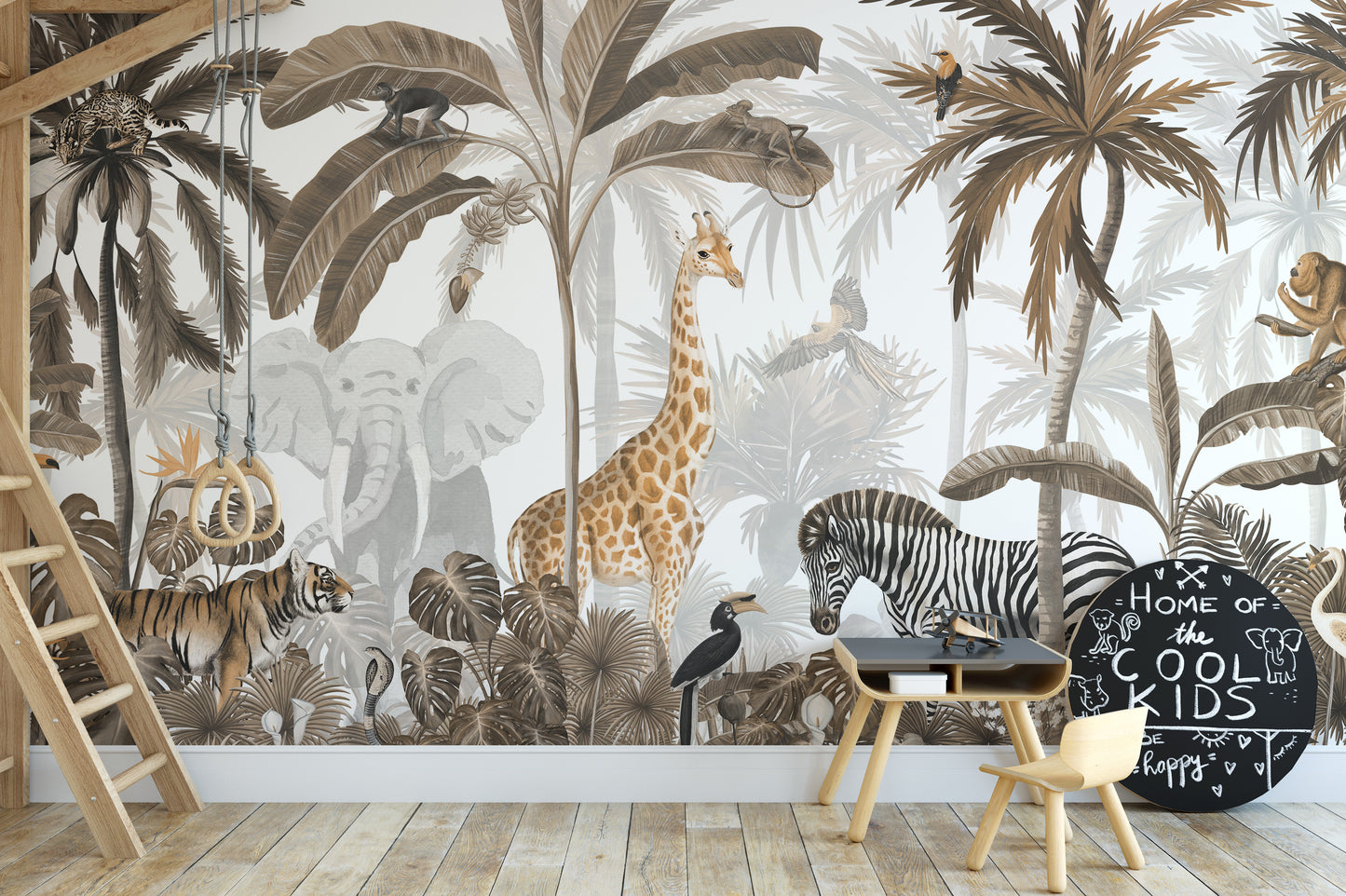 Tropical Jungle Wild Animals Trees wallpaper mural of giraffe and tiger above a small play desk in a cool kids room