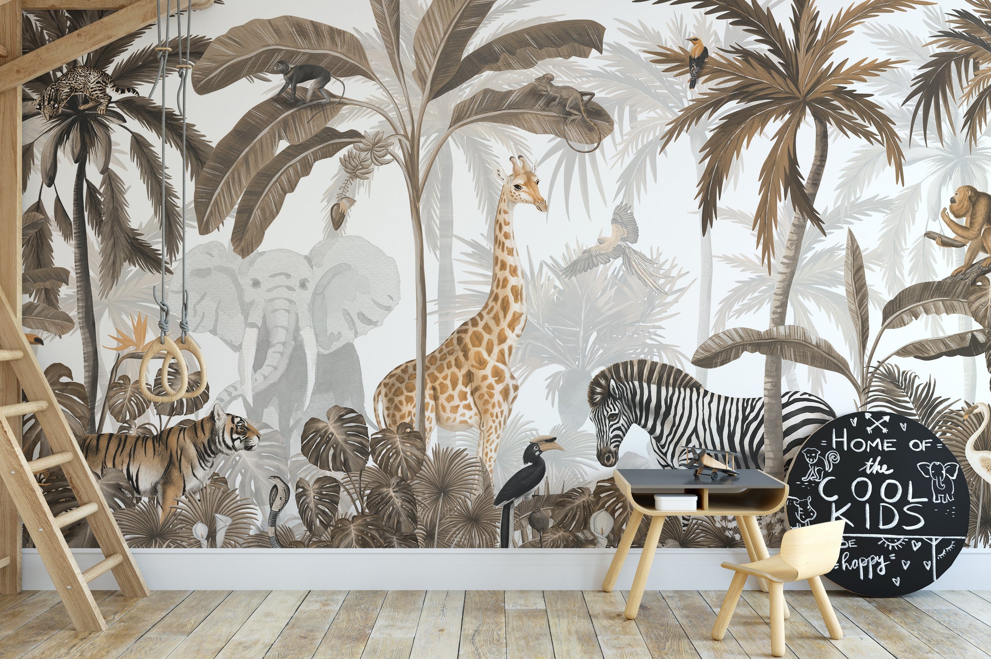 Tropical Jungle Wild Animals Trees wallpaper mural of giraffe and tiger above a small play desk in a cool kids room