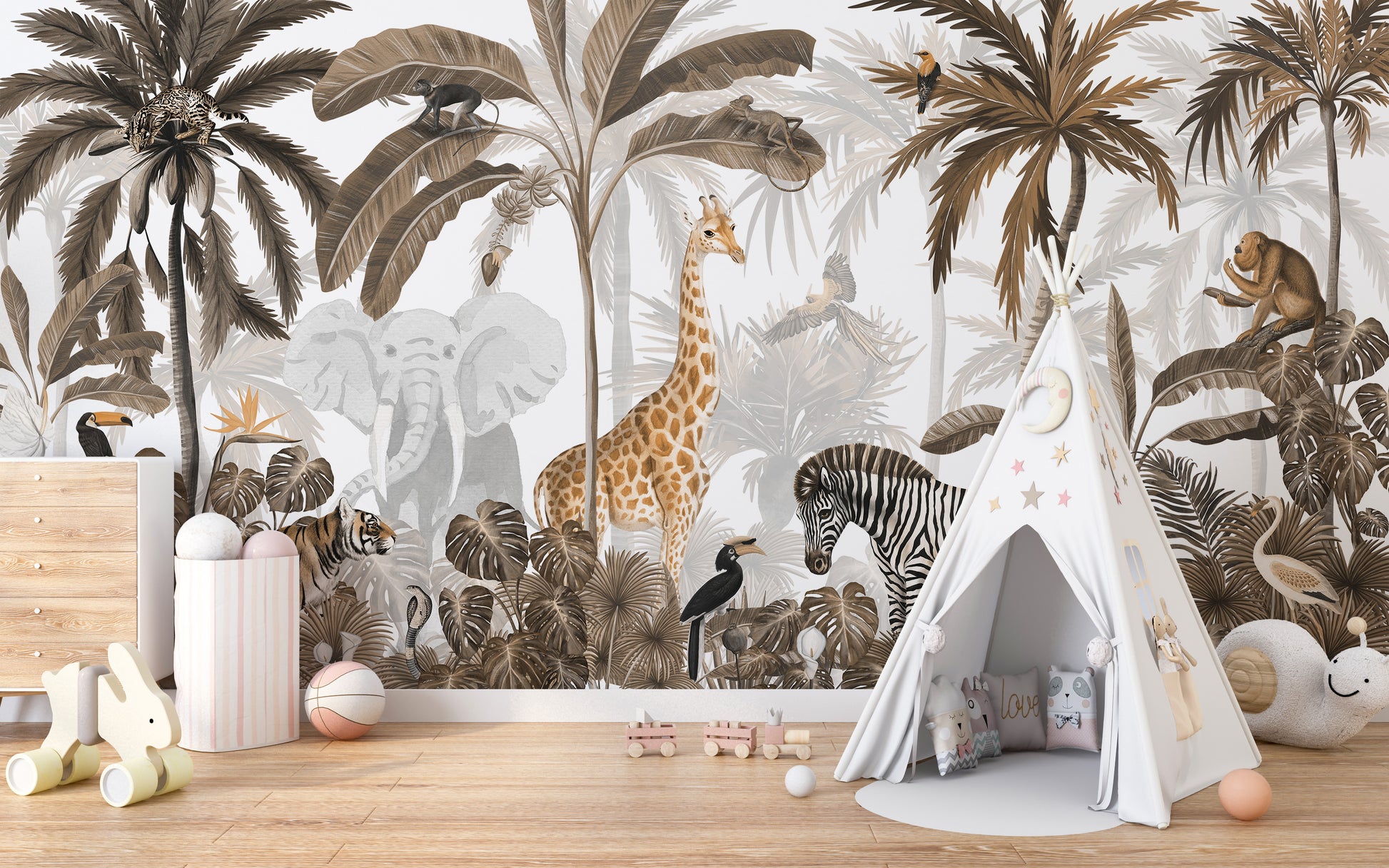 Tropical Jungle Wild Animals Trees wallpaper mural with safari animals beside a white teepee tent in a child's playroom