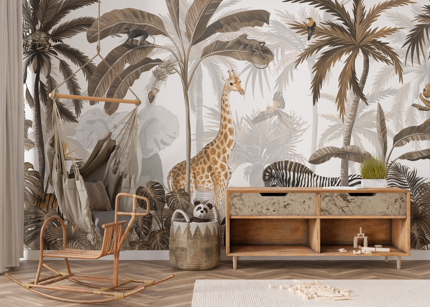 Tropical Jungle Wild Animals Trees wallpaper mural with giraffe and elephant behind a rattan hammock chair in a kids room