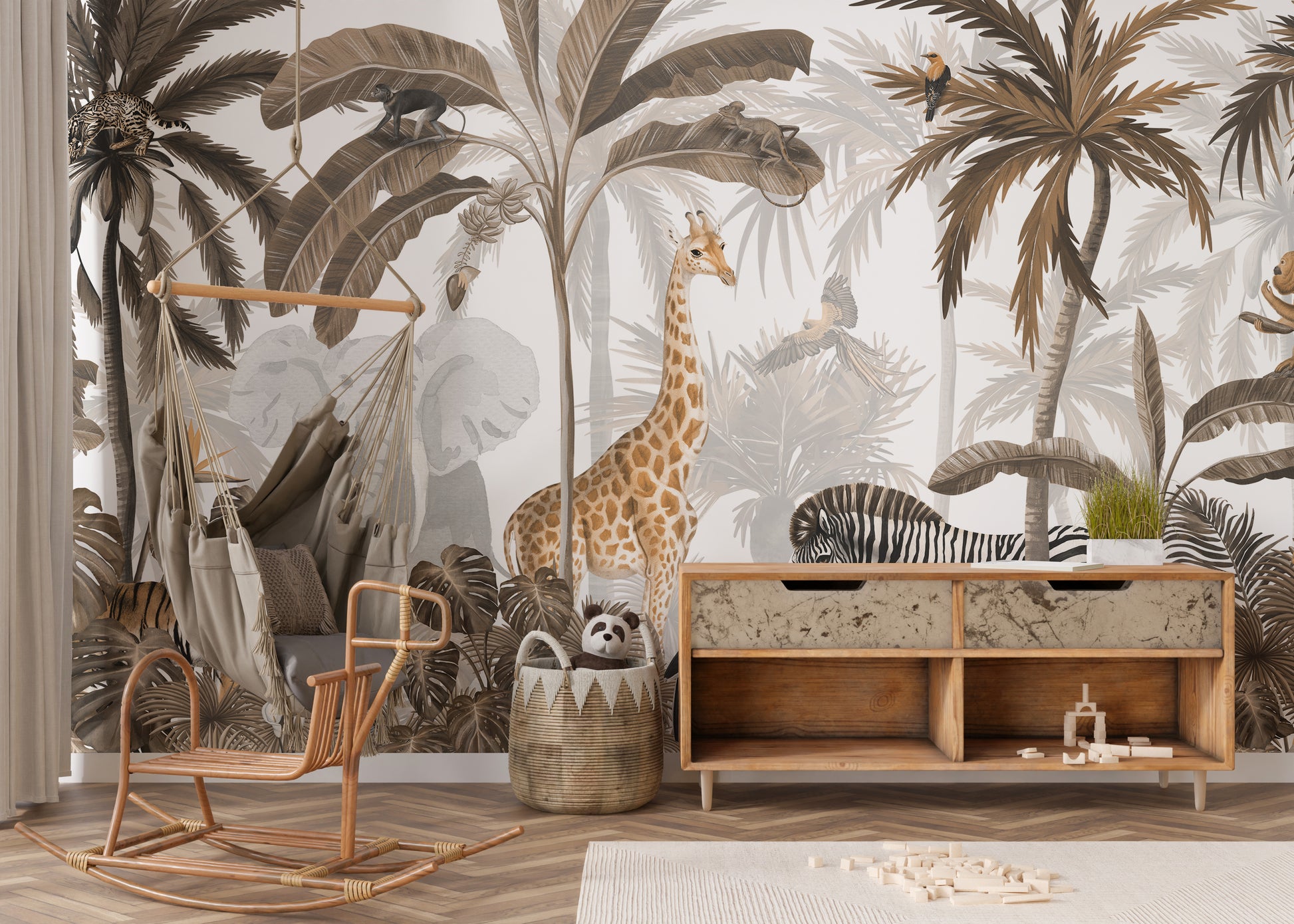 Tropical Jungle Wild Animals Trees wallpaper mural with giraffe and elephant behind a rattan hammock chair in a kids room