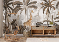 Tropical Jungle Wild Animals Trees wallpaper mural with giraffe and elephant behind a rattan hammock chair in a kids room