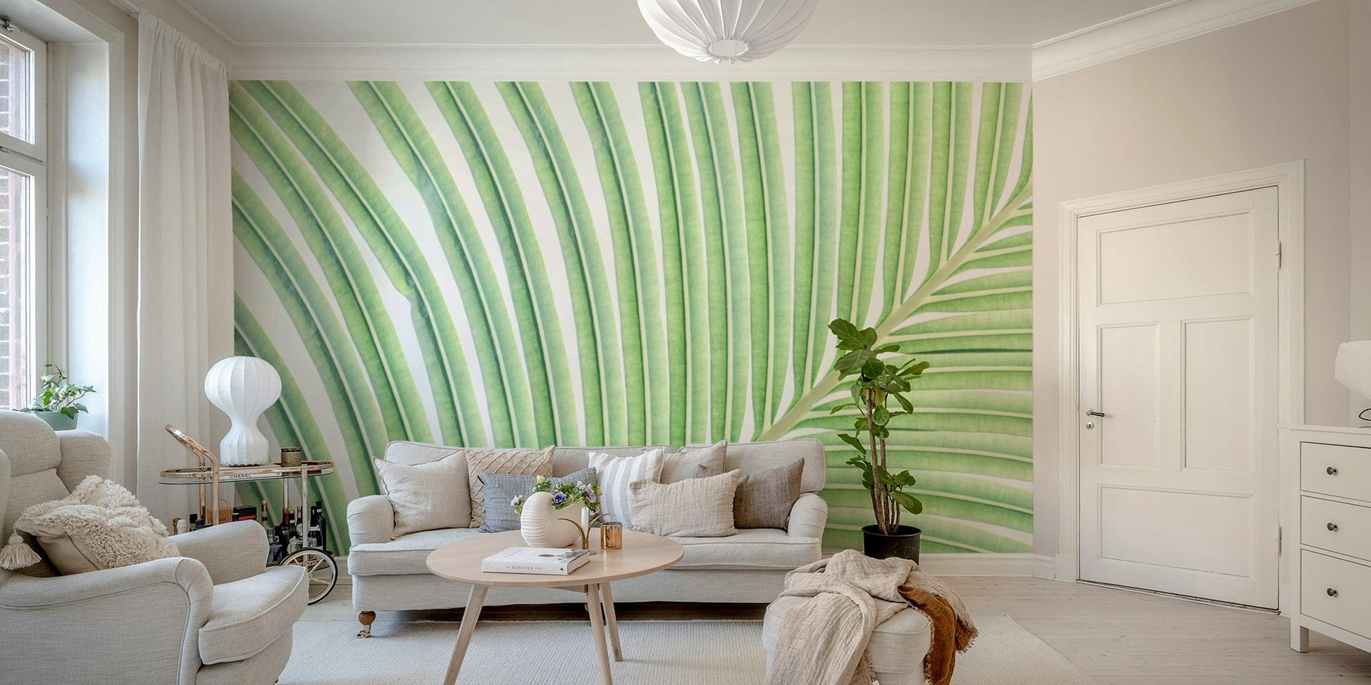 A minimalist home office with the lime leaf wallpaper.

