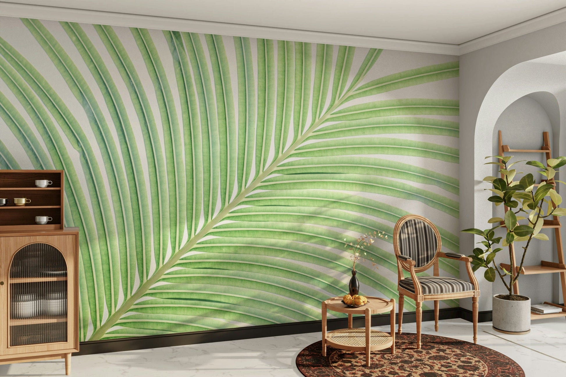 The wallpaper is used to create a feature wall in a dining room.

