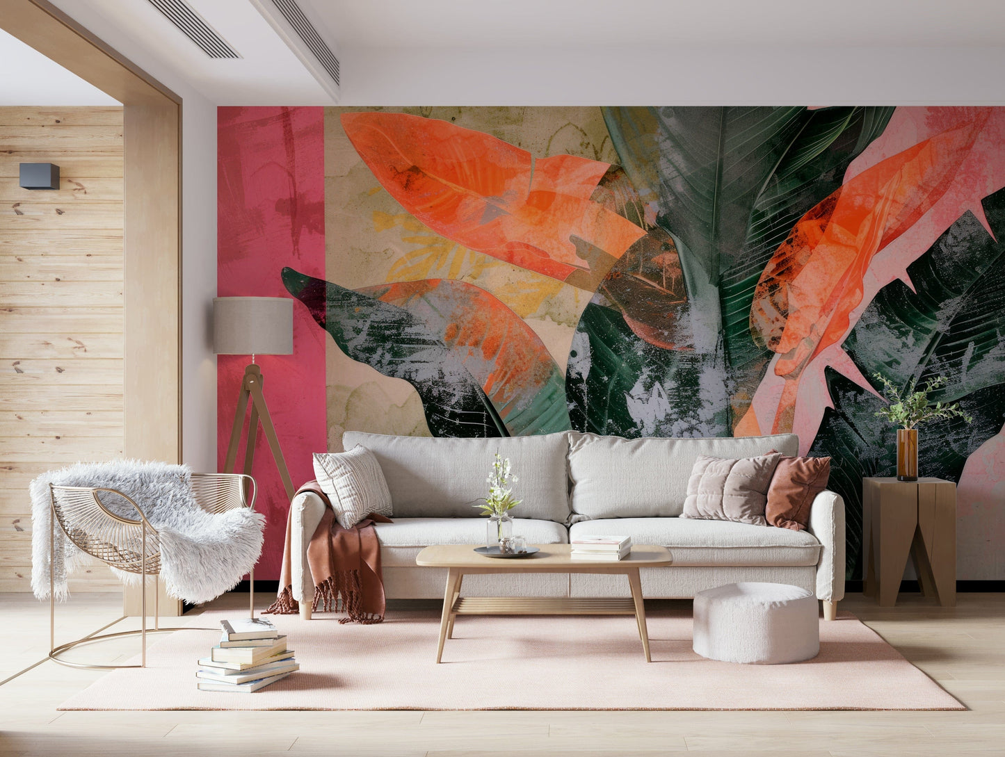 An artistic exotic leaf mural on minimalist wallpaper.

