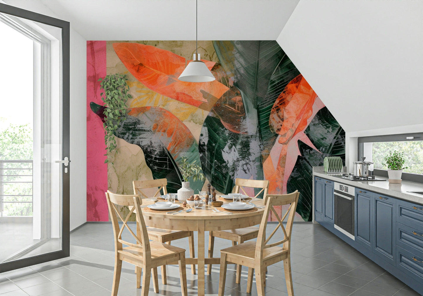 A beautiful lush foliage wallpaper mural with tropical leaves.

