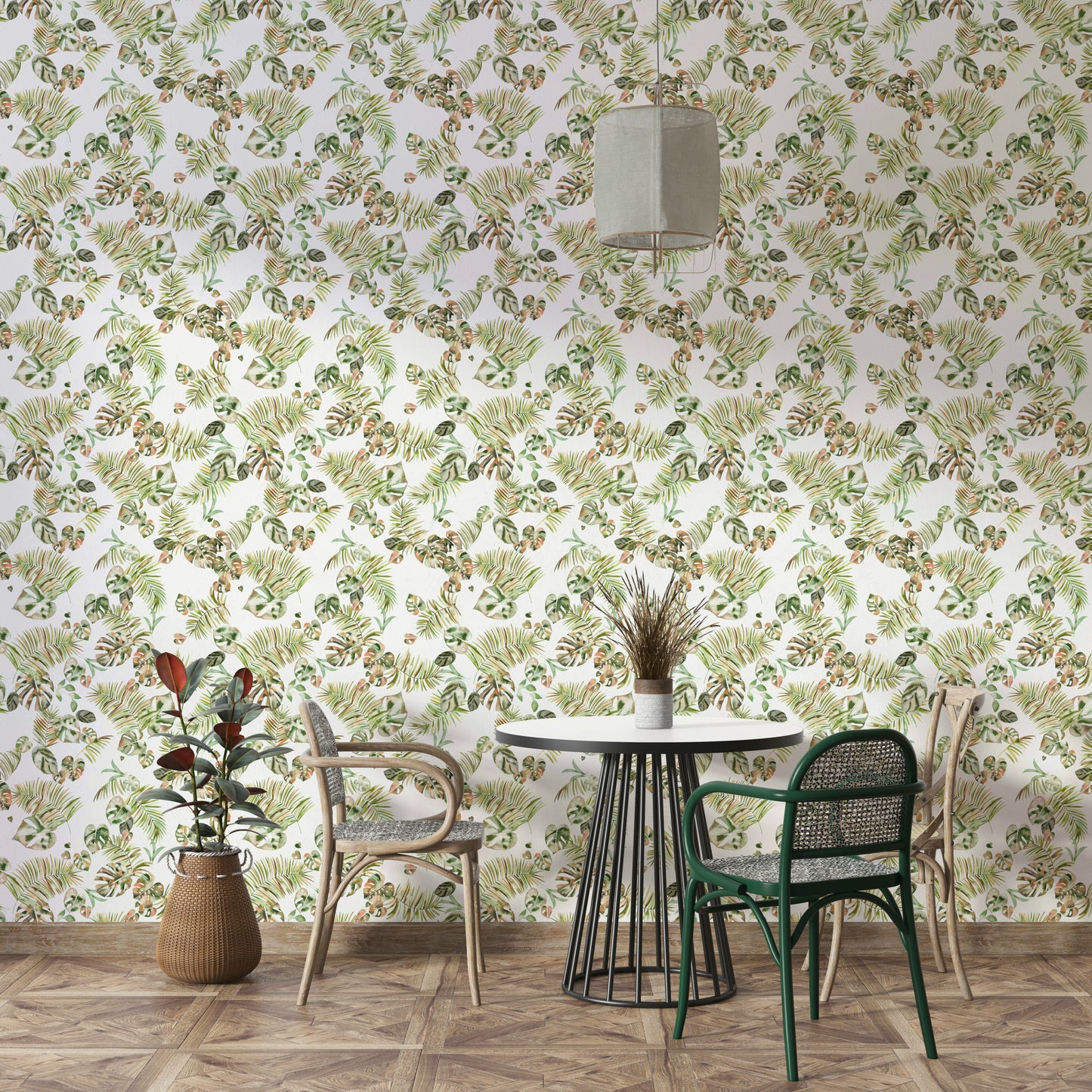 Jungle-themed leaf wallpaper with lush plant design

