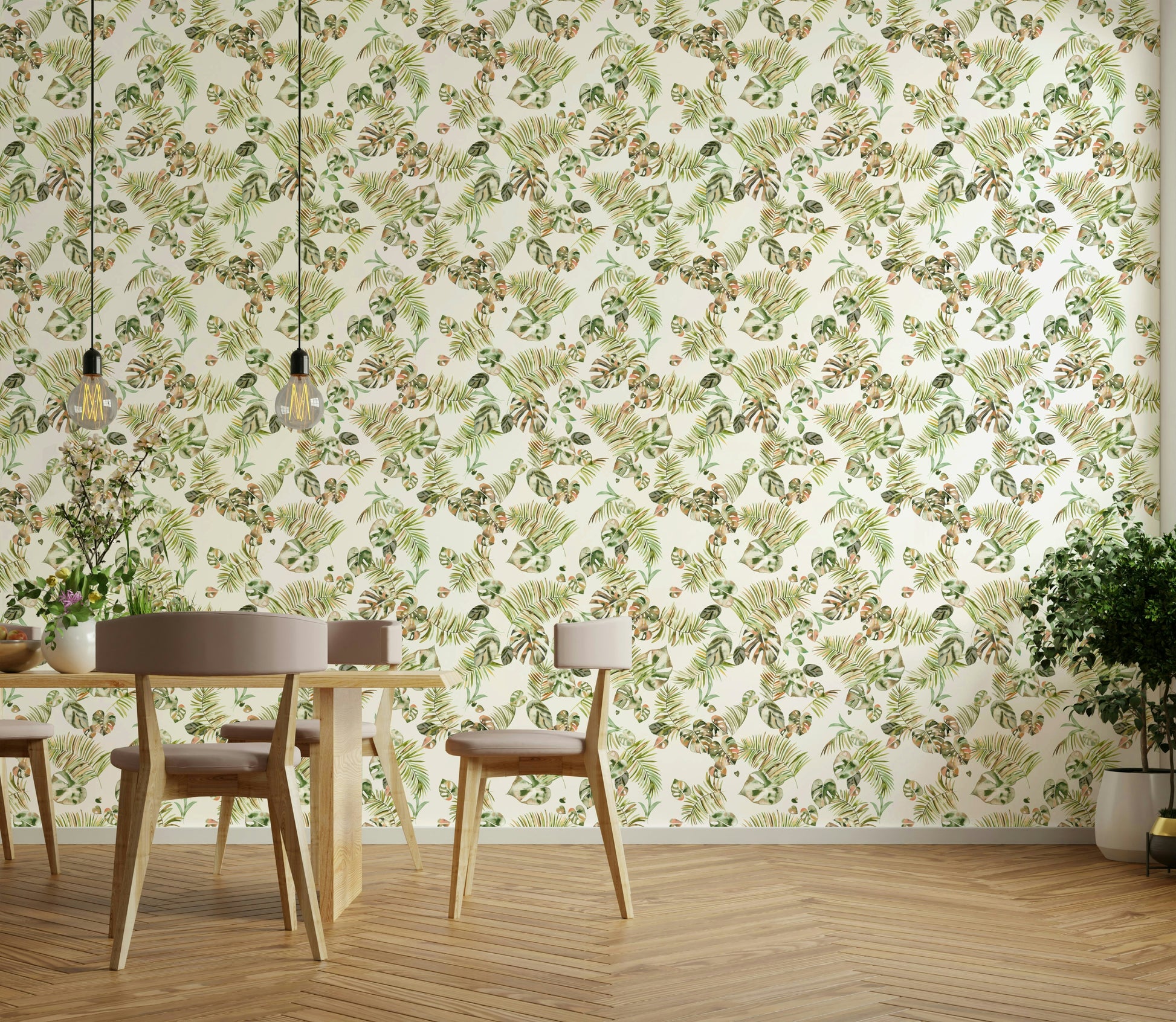 Bold tropical leaf wallpaper in green jungle tones

