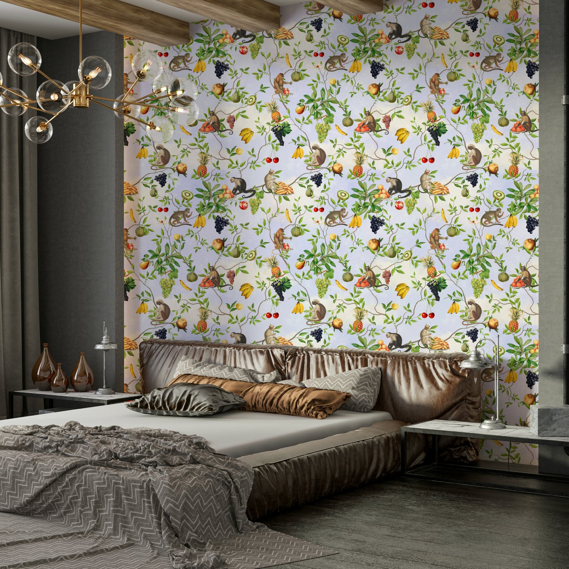 Wallpaper featuring monkeys swinging from tropical branches.

