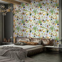 Wallpaper featuring monkeys swinging from tropical branches.

