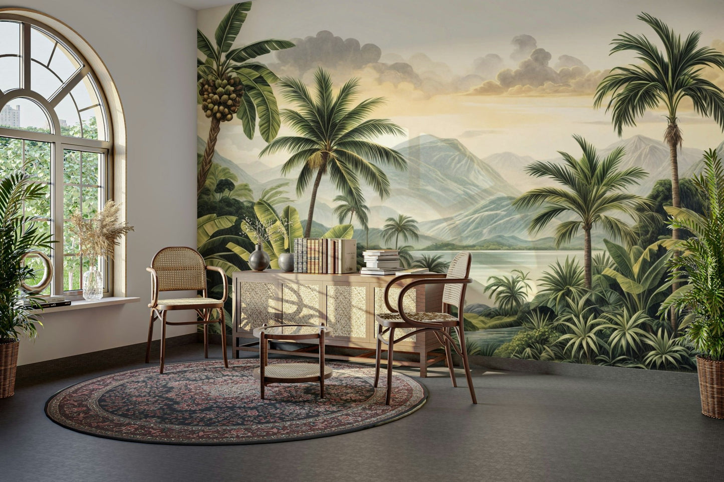 The colors are soft, muted tones of green, beige, and pink.

