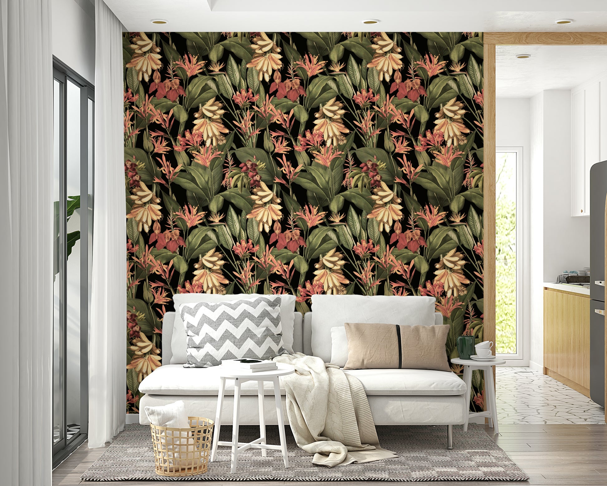 Rich, dark tropical wallpaper with vibrant plant designs.

