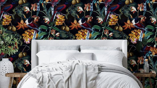 Dark tropical wallpaper bringing a serene, exotic atmosphere indoors

