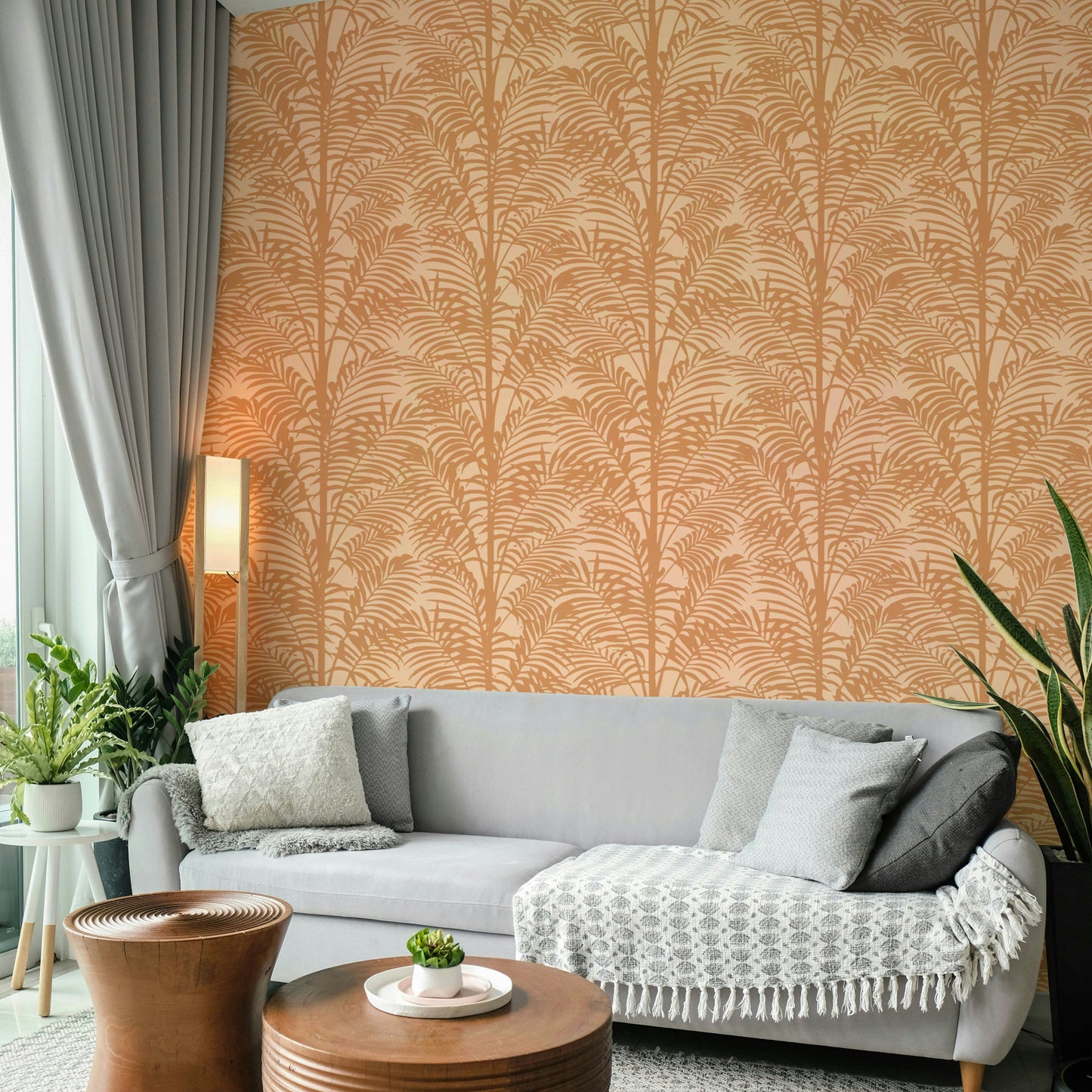 The design is a repeating pattern of large palm leaf silhouettes.

