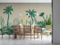 Palm leaf mural in bedroom, soft color and relaxed style