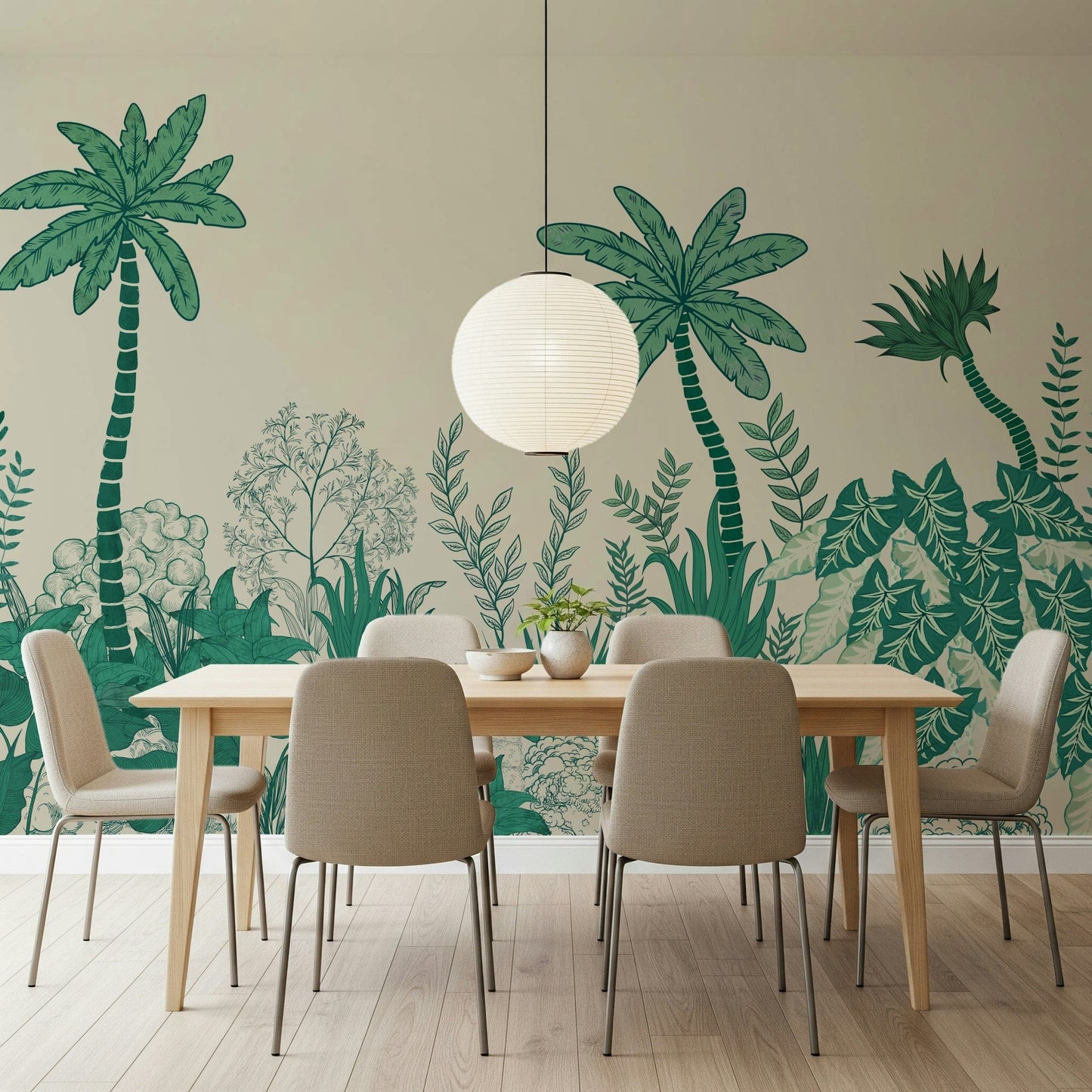 Palm Grove Dreams Wall Mural behind sofa, modern wall decor