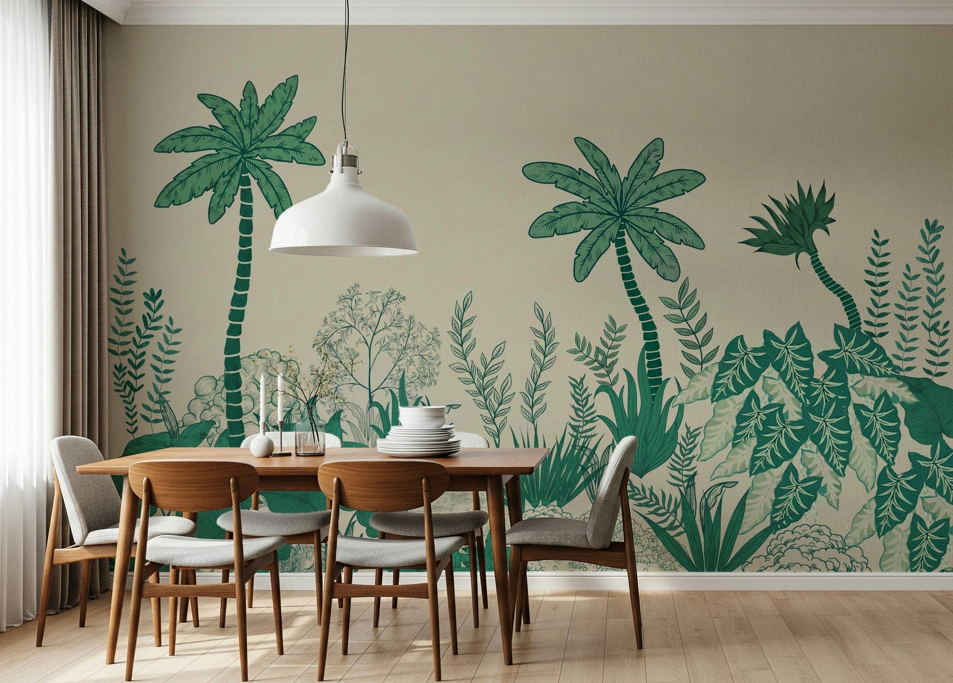 Palm fronds mural in hallway, modern wall decor in color