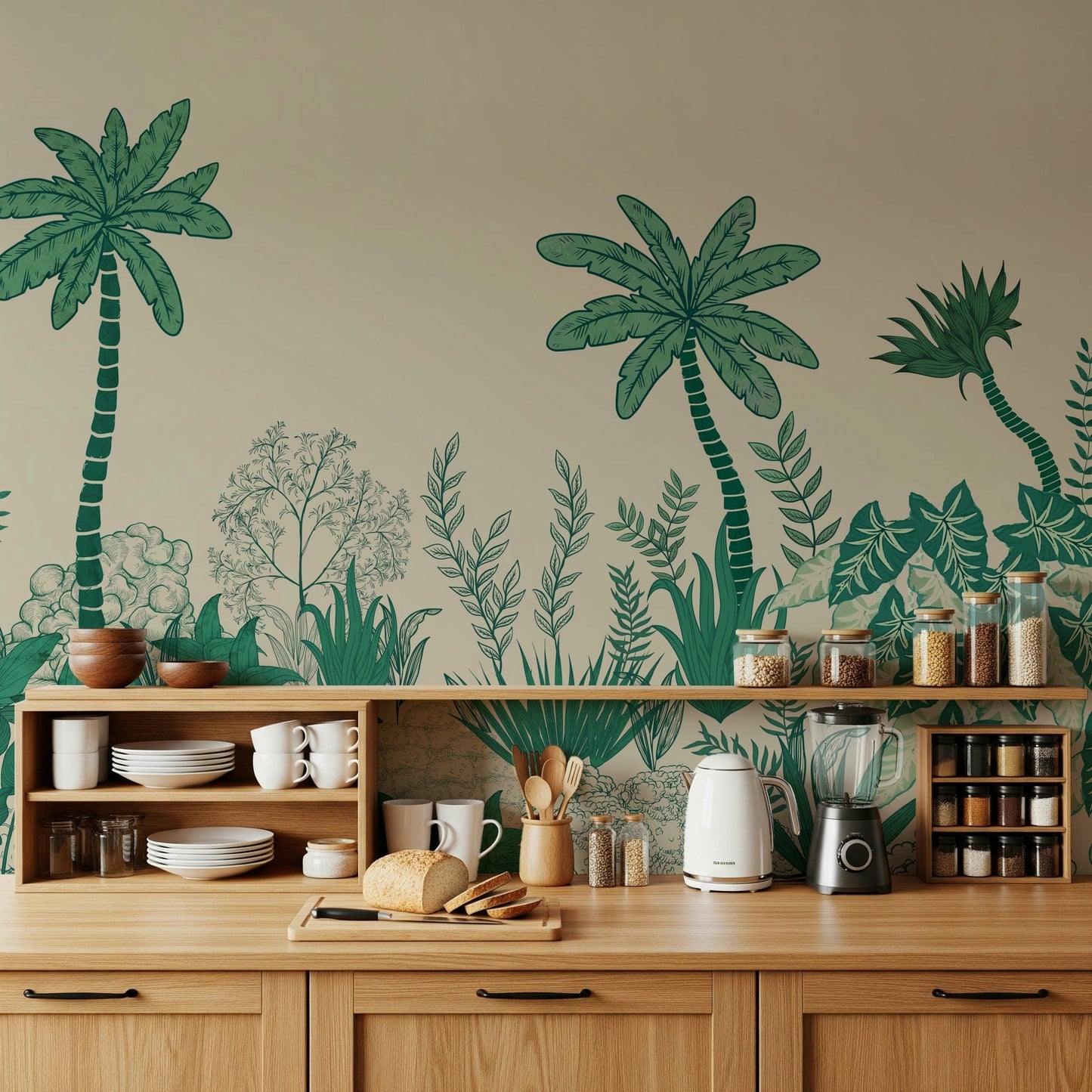 Palm grove mural in living room, calm modern color tones