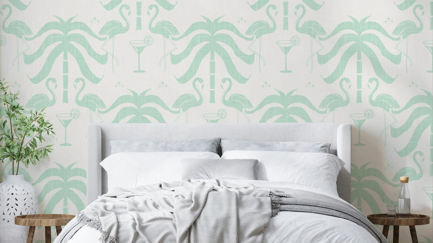 The colors are soft, muted tones of beige and aqua green.

