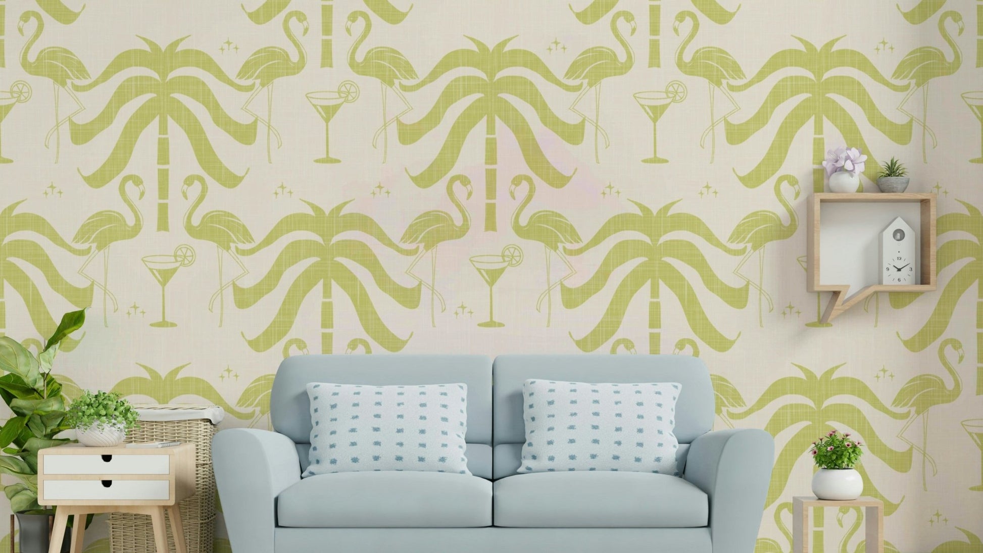 The colors are soft, muted tones of beige and aqua green.

