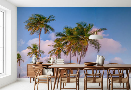 Tropical Palms Evening Wall Mural with tall green trees for dining room.