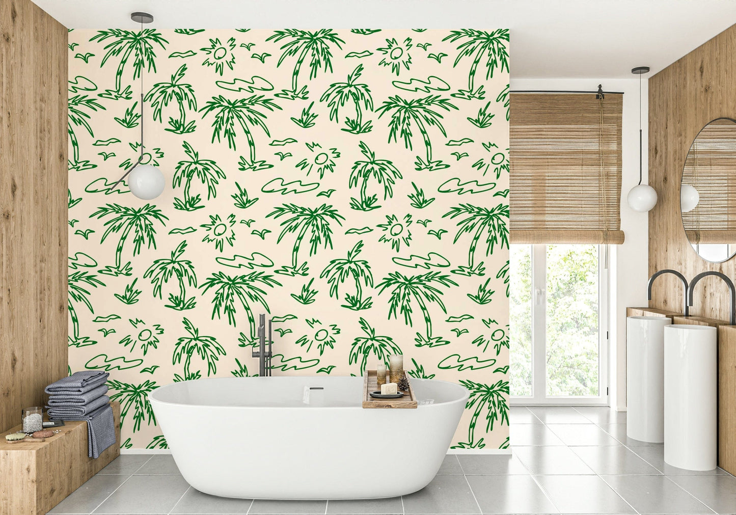Hand Drawn Tropical Palms Wallpaper on a living room wall

