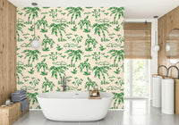 Hand Drawn Tropical Palms Wallpaper on a living room wall

