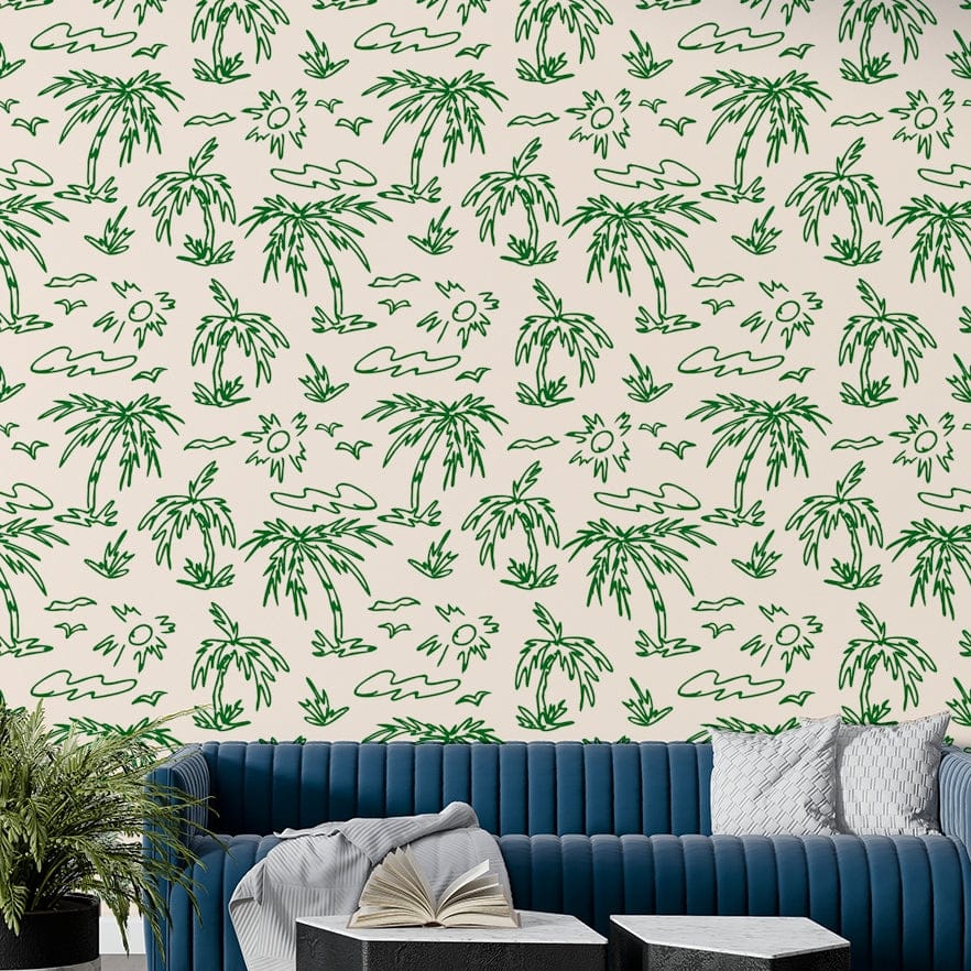 A bedroom with a unique jungle leaf design

