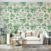 A sunroom decorated with a tropical-themed mural

