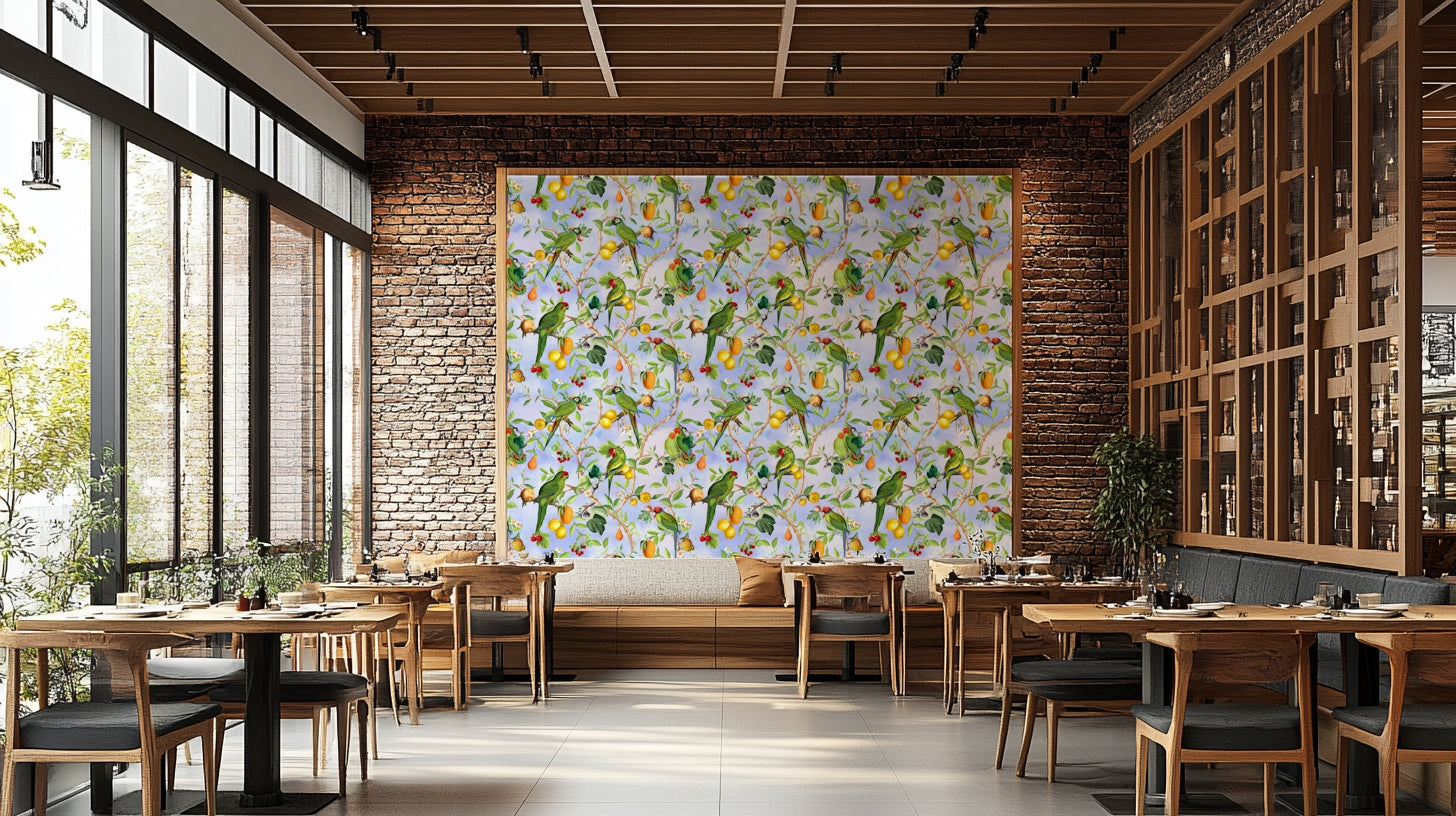Tropical Paradise Birds 1 Wallpaper with exotic birds and green leaves.

