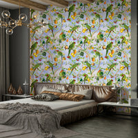 Jungle-themed wallpaper featuring birds with vivid plumage.

