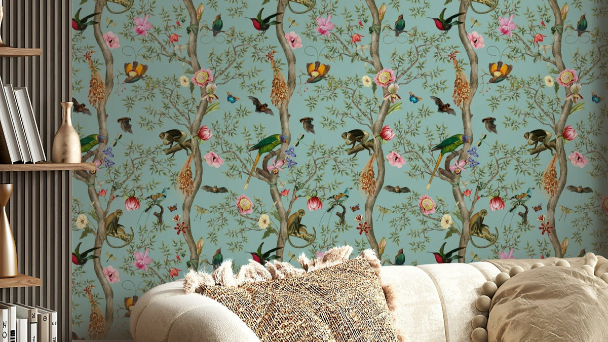 Bold tropical mural featuring vibrant birds among dense greenery.

