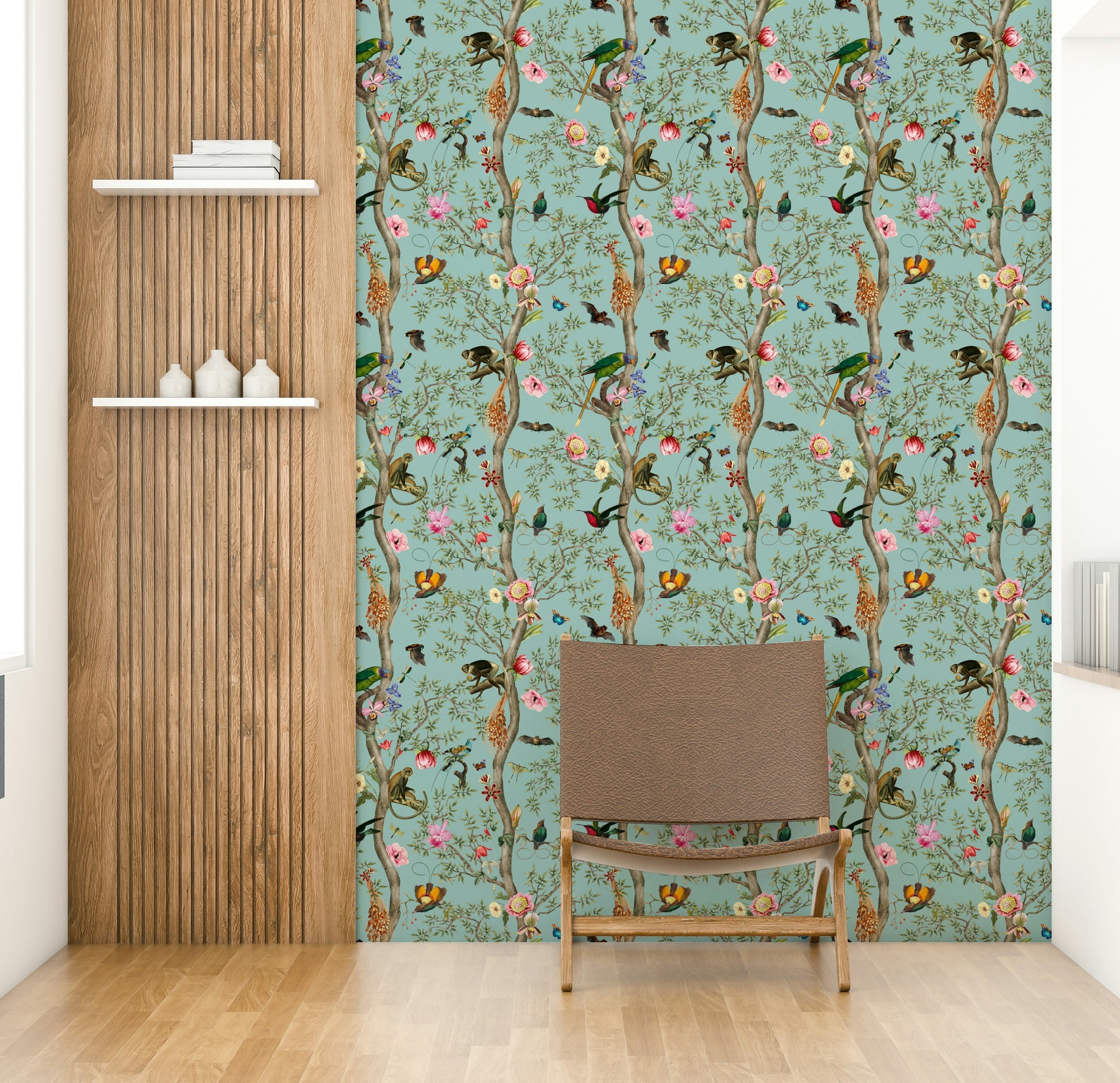 Vibrant wallpaper featuring jungle birds and green tropical vines.

