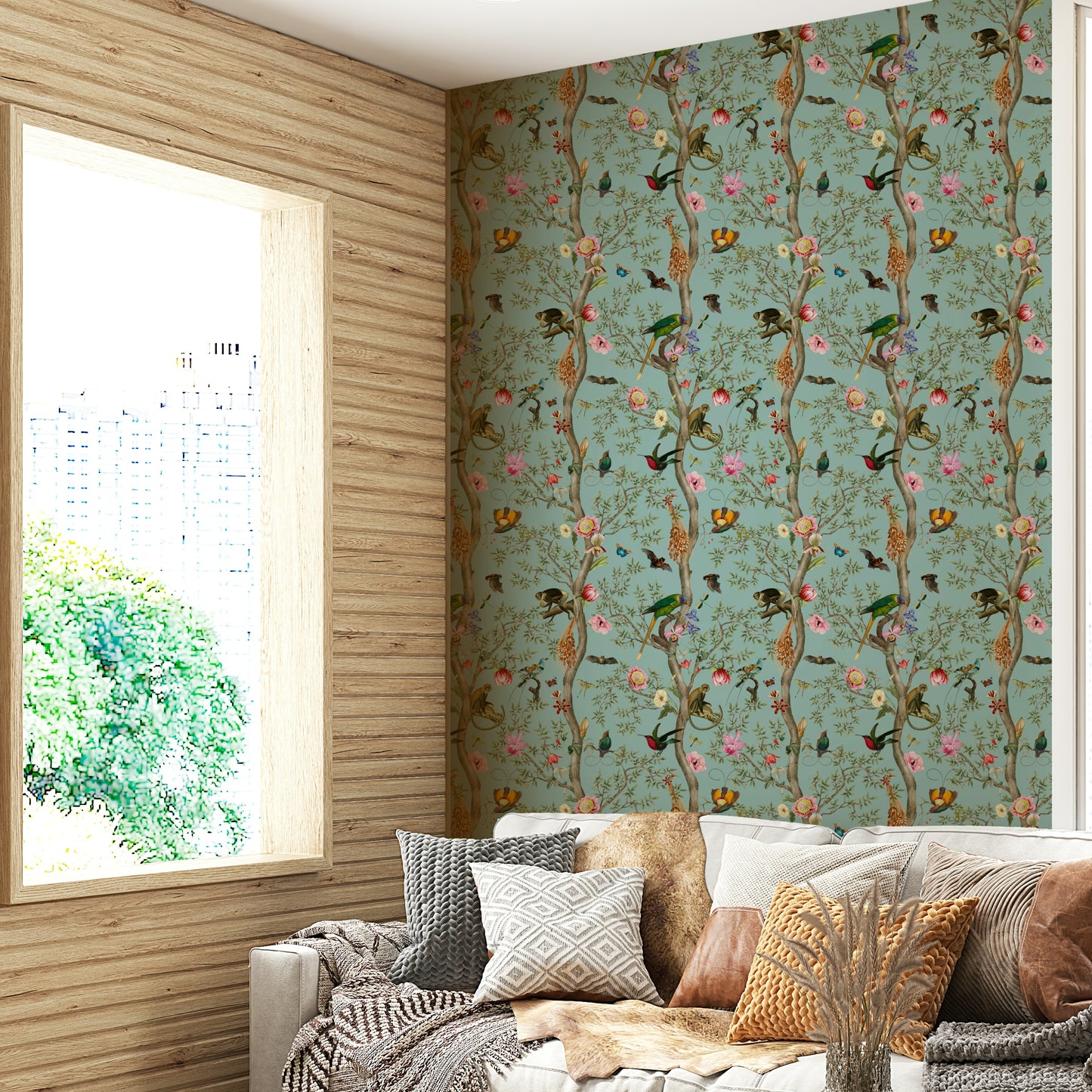 Wallpaper showing tropical birds resting in lush leaf canopies.

