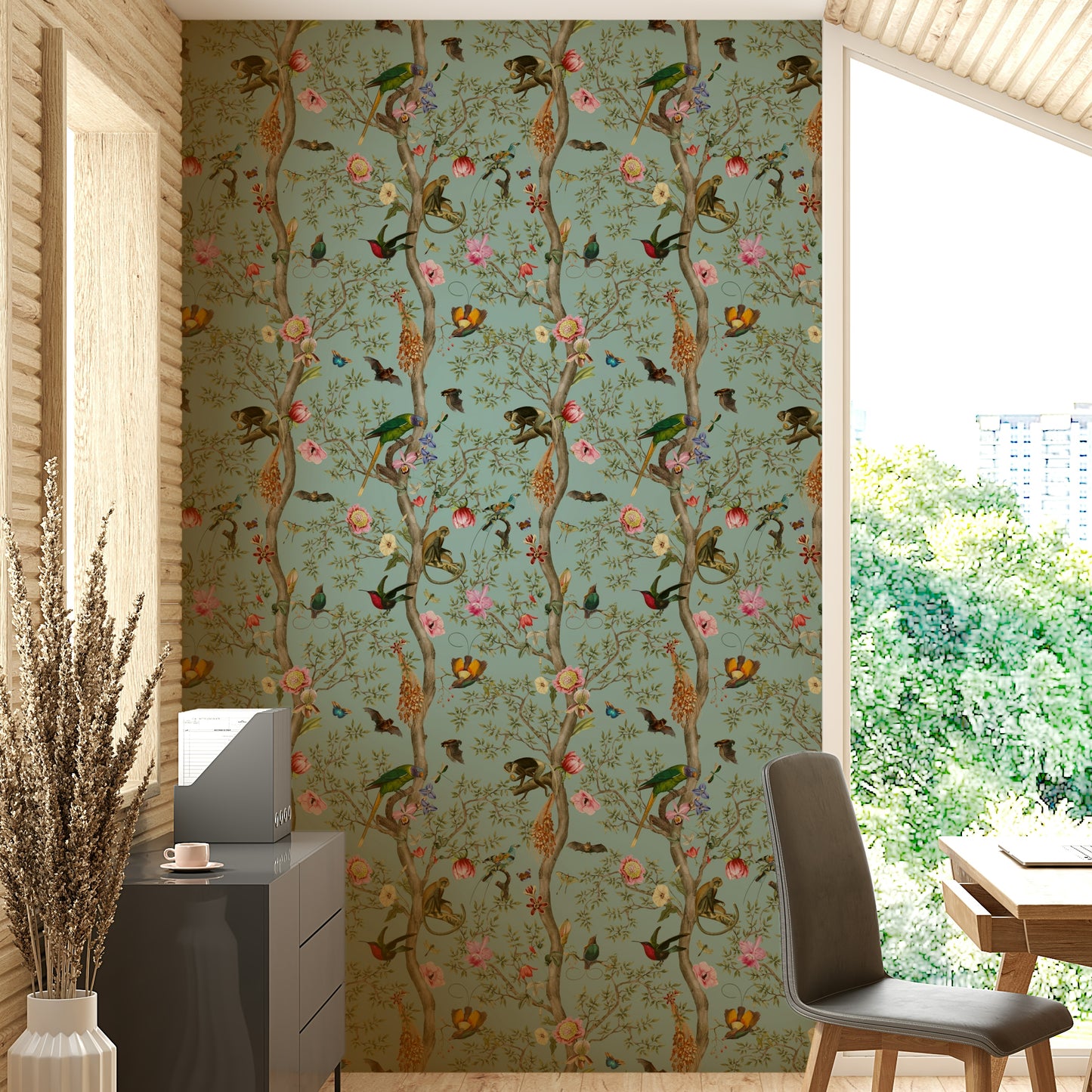 Exotic bird wallpaper with bright plumage and jungle plants.

