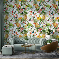 Colorful hummingbirds and lush foliage featured in Tropical Paradise wallpaper.

