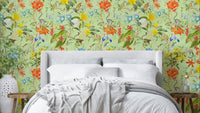 Jungle wallpaper featuring exotic plants and bright tropical wildlife.

