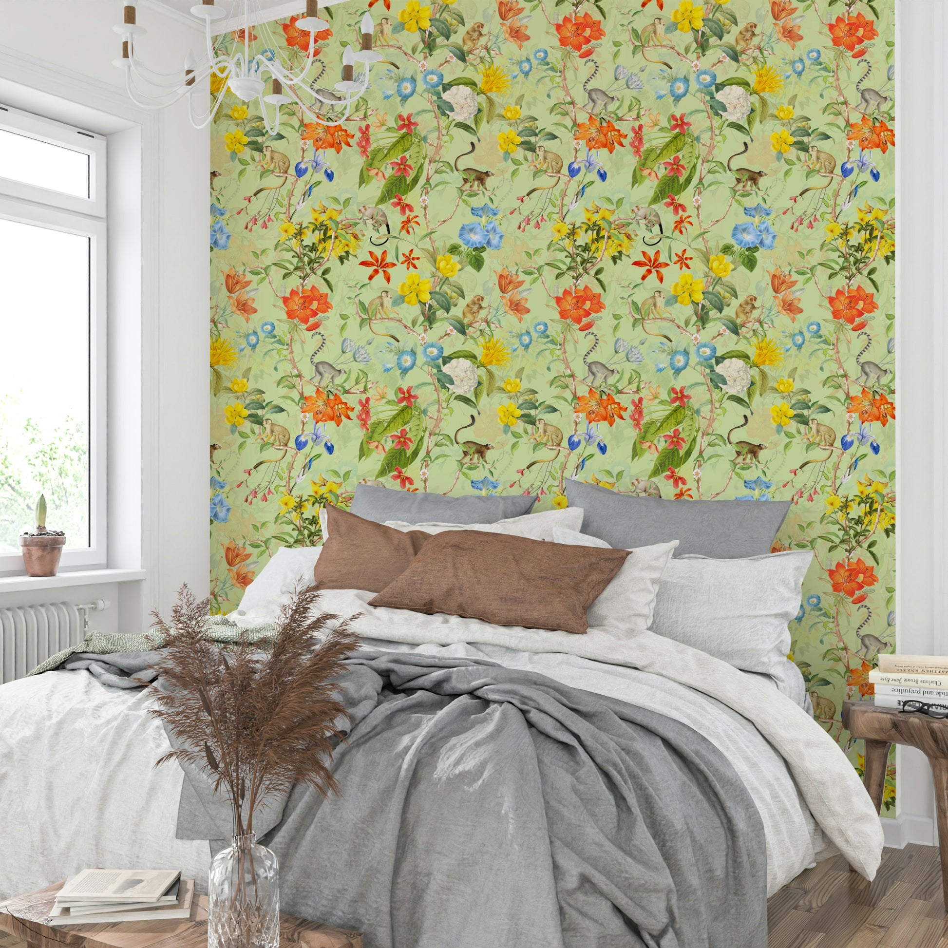 Wallpaper with vibrant tropical leaves and exotic birds.

