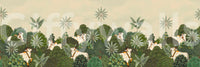 Tropical Pichwai wall mural styled with neutral furniture and plants