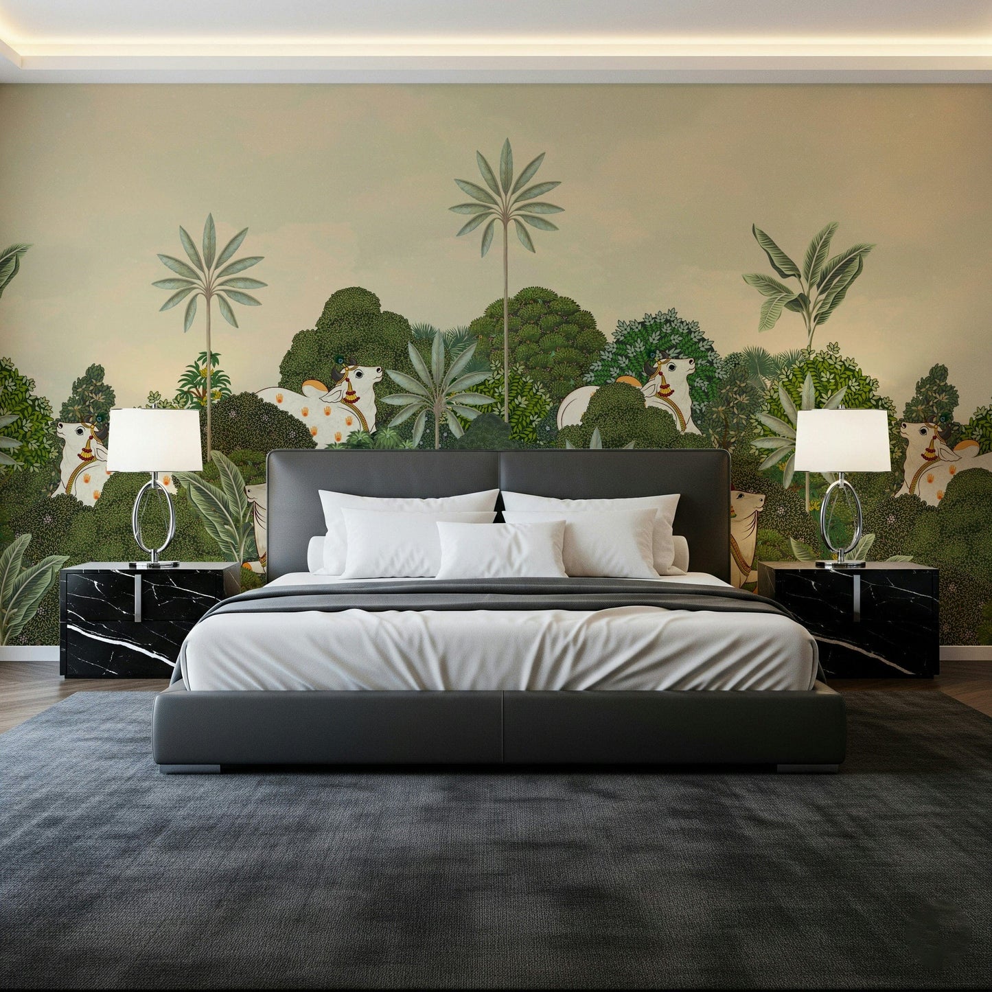 Tropical Pichwai mural backdrop for entryway or hallway feature wall