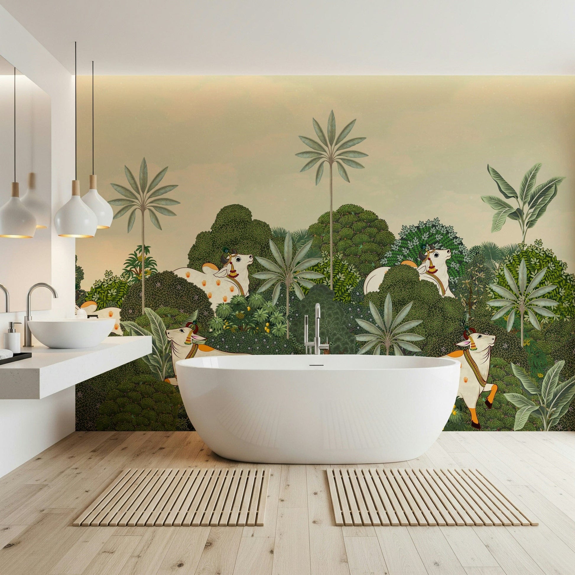 Tropical Pichwai wall mural with traditional patterning and tropical plants