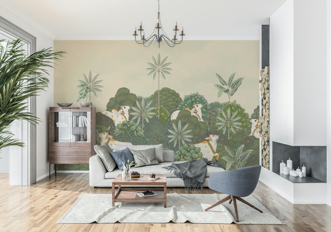 Tropical Pichwai wall mural with lush foliage and pichwai-style motifs