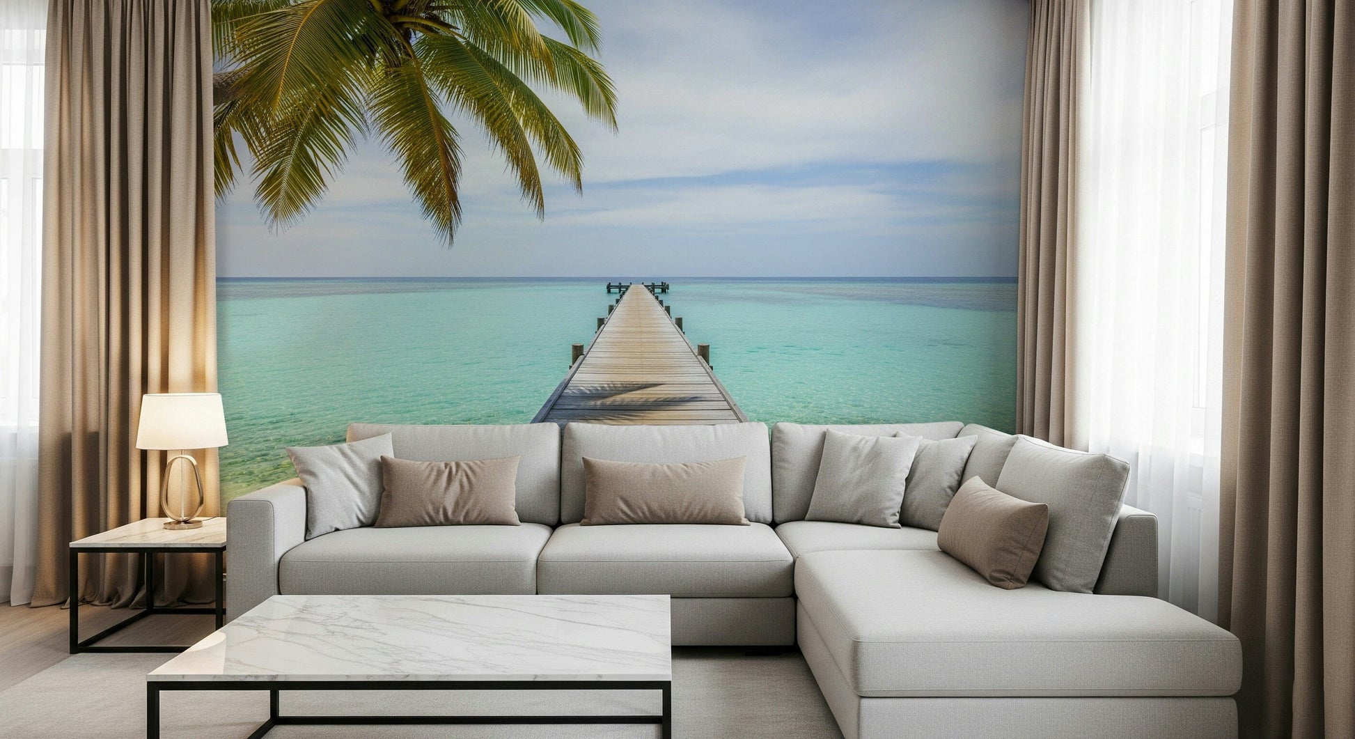 Coastal pier wall decor in lounge, palm silhouettes and sky gradient, statement feature wall