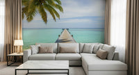 Coastal pier wall decor in lounge, palm silhouettes and sky gradient, statement feature wall
