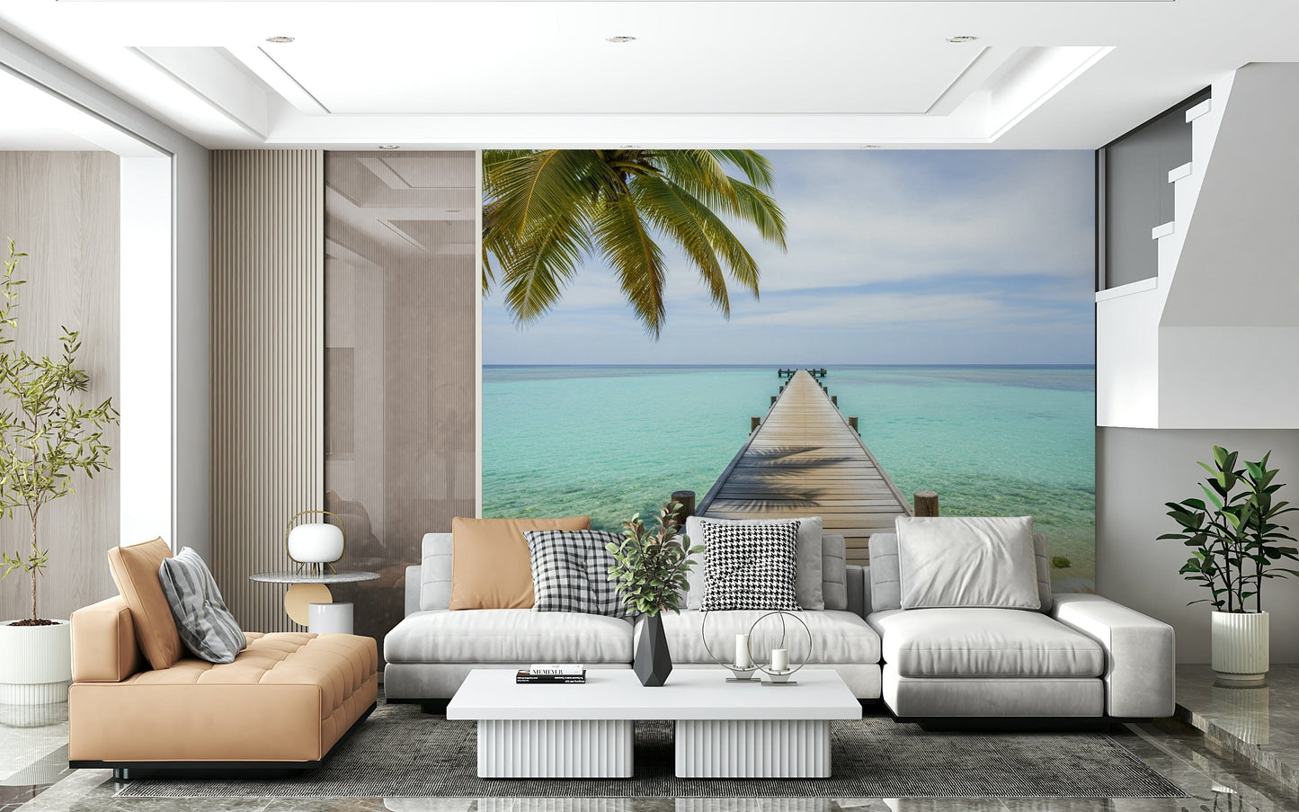 Tropical Pier Wall Mural in bedroom, wooden boardwalk to sea, soft sky colors, calm backdrop