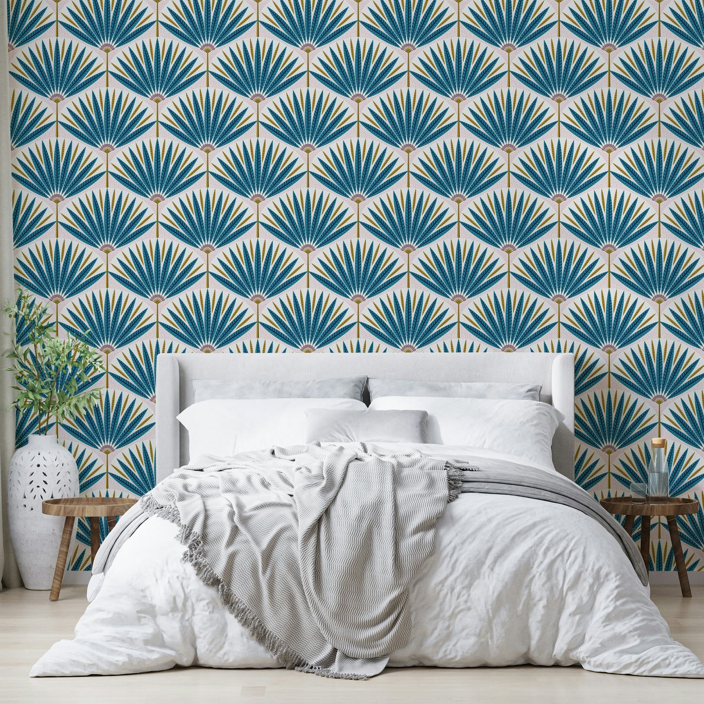 Sunlit tropical wallpaper with vibrant green and coral hues

