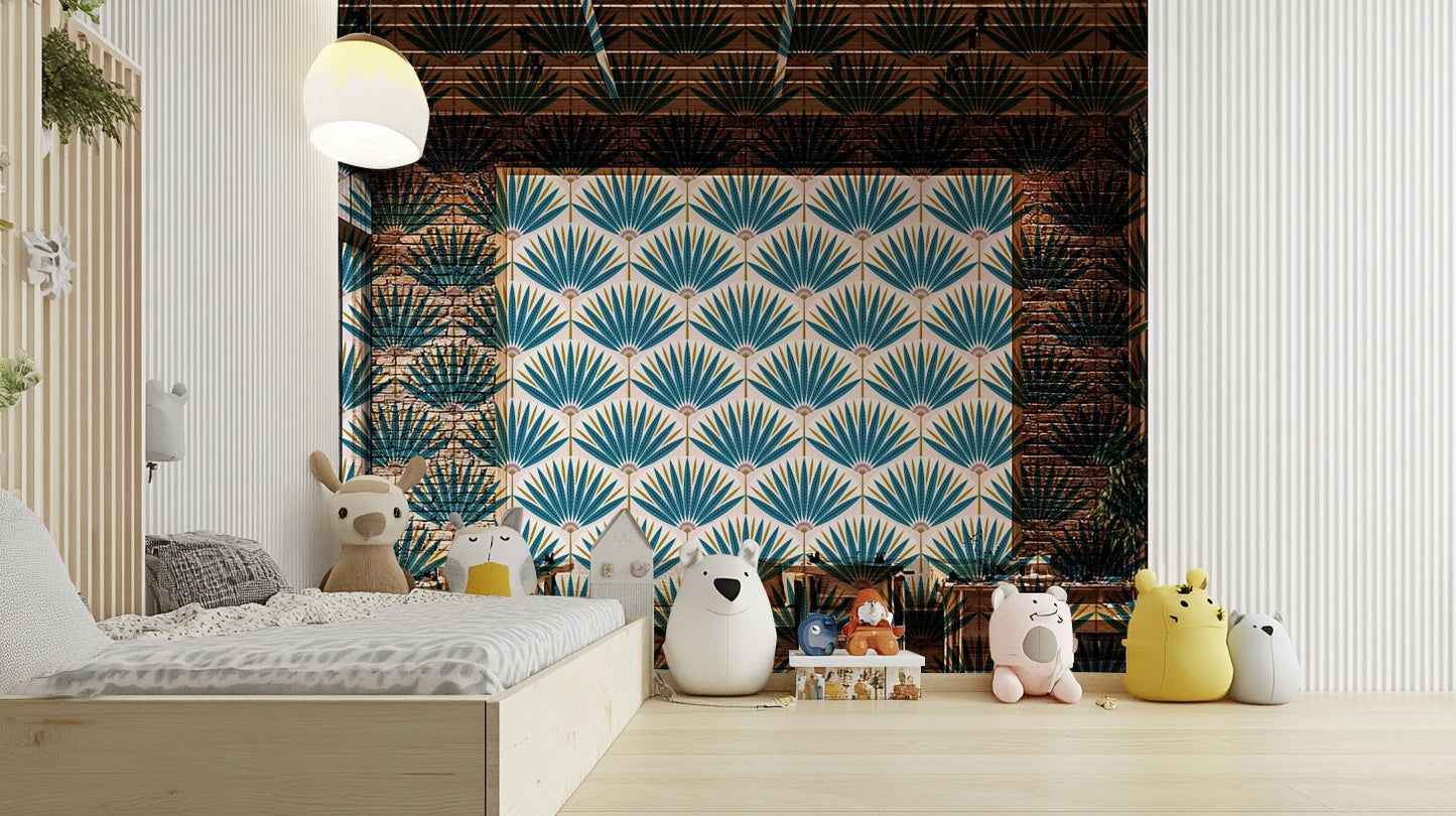 Exotic wallpaper with colorful jungle-inspired pattern

