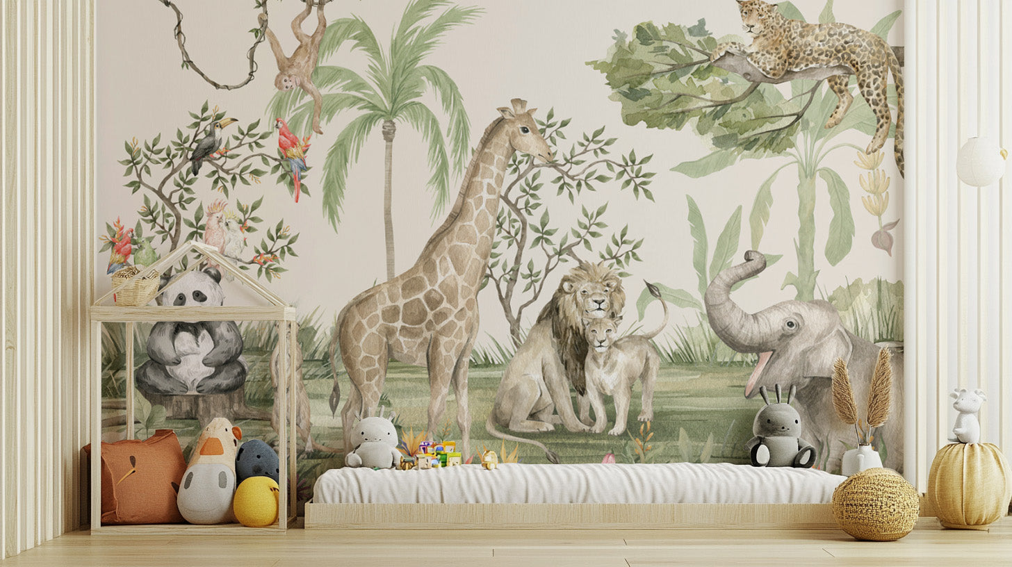 Jungle animal wallpaper with elephants and tropical birds
